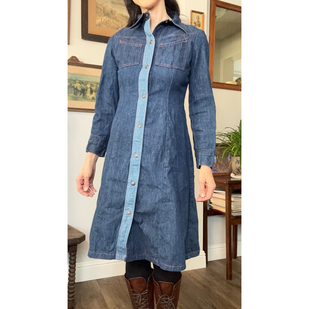 Vintage 70s Oops California Denim Midi Dress Dark Wash Button Front Boho Western